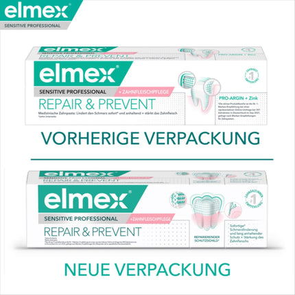 elmex zobu pasta jutīgai ādai Professional Repair &amp; Prevent 2x75ml – medicīniska zobu tīrīšana tūlītējai*, ilgstošai aizsardzībai – novērš smaganu atkāpšanos un jaunu sāpju rašanos