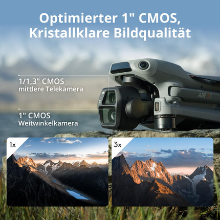 DJI Air 3S (RC-N3), drons ar 4K kameru, divu kameru drons ar 1 collas CMOS platleņķa kameru, 4K/60 kadri/s HDR video un 14 dinamiskā diapazona iestatījumiem, maksimālais lidojuma laiks 45 minūtes, 20 km video pārraide