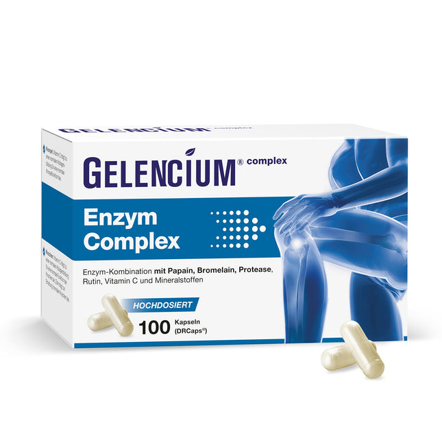 GELENCIUM® enzīmu komplekss I Augstākā enzīmu dienas deva: 1500 mg I Ar rutīnu kā augu izcelsmes enzīmu aktivatoru I Ar mikroelementiem veselīgām locītavām, skrimšļiem un kauliem I 100 kapsulas