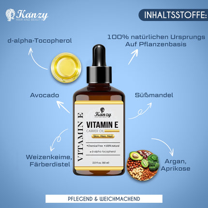 Kanzy E vitamīna eļļas organiskie pilieni kosmētikai 60 ml 100% dabīgs d-alfa-tokoferols, pretgrumbu, pretnovecošanās līdzeklis, tīra E vitamīna eļļa pret visu veidu grumbām, sejai, nagiem un matiem