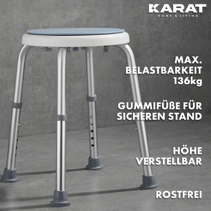 KARAT dušas krēsls - 360° rotējošs dušas krēsls, celtspēja līdz 136 kg, regulējams augstumā ar neslīdošām gumijas kājiņām drošai fiksācijai - vannas istabas krēsls, dušas palīgierīce, dušas sēdeklis