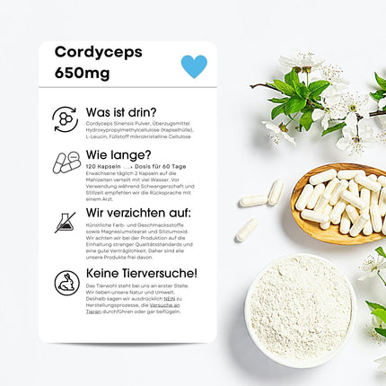 Fair &amp; Pure® - Cordyceps 650mg - 120 kapsulas - Cordyceps Sinensis - bez magnija stearāta - vegāns