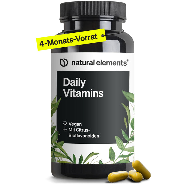 Dienas vitamīni – 120 multivitamīnu kapsulas – visi vērtīgie AK vitamīni – ideāli piemēroti sportistiem – vegāniem, ar augstu devu, bez nevajadzīgām piedevām – ražoti Vācijā un laboratorijā pārbaudīti