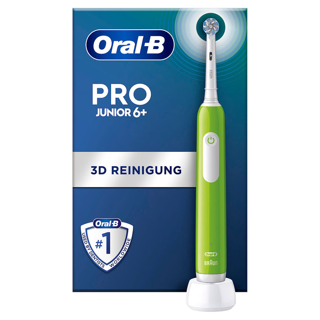 Oral-B Pro Junior elektriskā zobu birste bērniem no 6 gadu vecuma, spiediena sensors, 3 tīrīšanas režīmi, tostarp jutīgais zobu kopšanas režīms, mīksti sariņi un taimeris, Braun dizains, zaļa