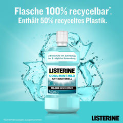 LISTERINE Cool Mint Mild (500 ml), antibakteriāls mutes skalošanas līdzeklis ar ēteriskajām eļļām un bezalkoholisks, maigs zobu kopšanas līdzeklis, samazina aplikumu, efektīvi cīnās ar sliktu elpu.
