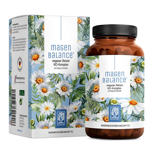 NATURTREU® Magenbalance betaīna HCL komplekss vegāns - ar pepsīnu, kumelītēm un hlorīdu - atbalsta kuņģa skābi un gremošanu* - pilna spektra enzīmu kapsulas ar augstu devu