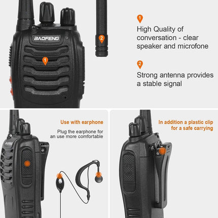 Rācija ar 16 kanāliem, CTCSS/DCS FM, 1500 mAh akumulatoru, maks. Sarunu diapazons 5 km, profesionāls radio ar brīvroku funkciju