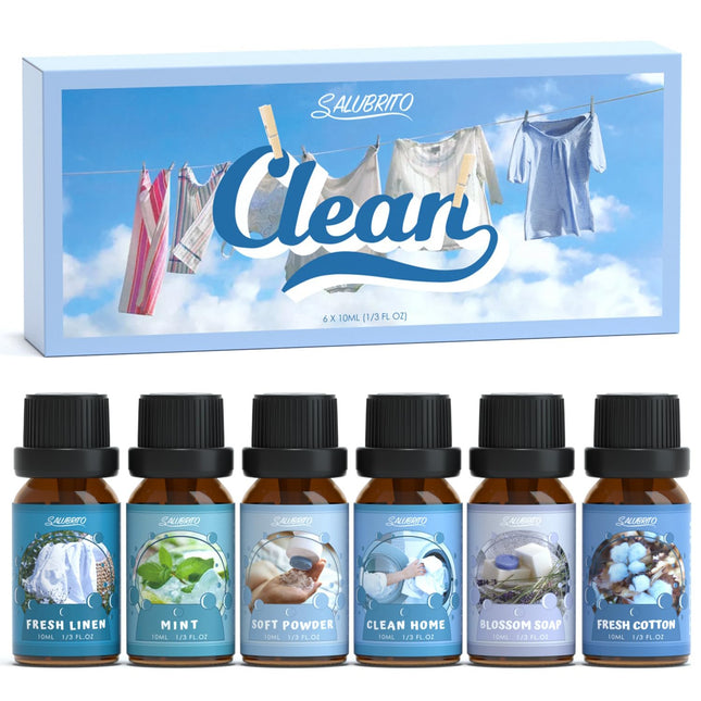 SALUBRITO tīro ēterisko eļļu komplekts, tīra aromterapijas smaržu eļļa difuzoriem, sveču gatavošanai, tīra kokvilna, svaigs lins, tīras mājas, pūderis, ziedu ziepes, piparmētra