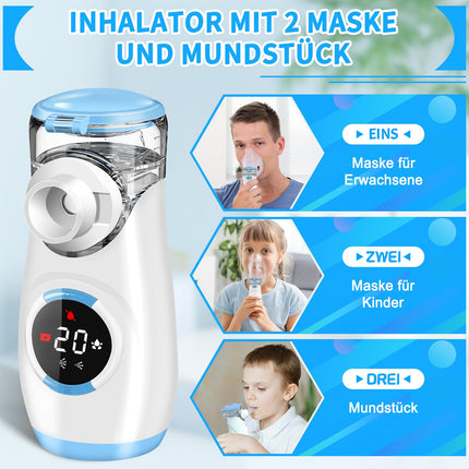 Pilnībā digitāls inhalators, inhalators zīdaiņiem, bērniem un pieaugušajiem, inhalators ar atpakaļskaitīšanu līdz atomizācijai, kluss pārnēsājams inhalators ar 2 maskām un iemutni - zils
