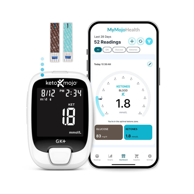 KETO-MOJO GKI Bluetooth glikozes un ketonvielu testa komplekts (mg/dL) + bezmaksas ketozes un diabēta uzraudzības lietotne – 20 testa strēmeles (10 katrā), mērītājs, 20 lancetes, lancetes ierīce un kontroles šķīdumi