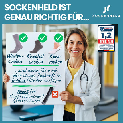 SOCKENHELD® 2-in-1 Premium zeķubikses – ar kabatu piekarināšanai papildu aizsardzībai un higiēnai – Ērtas savilcējstieni – Ideāli piemērotas senioriem, grūtniecēm un cilvēkiem ar ierobežotu kustību amplitūdu – 23 cm