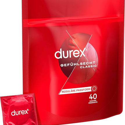 Durex Real Feel Classic prezervatīvi – plāni prezervatīvi ar anatomisku, viegli uzvelkamu formu, lubrikēti ar silikona gēlu – 40 gabalu iepakojums (1 x 40 gabali)