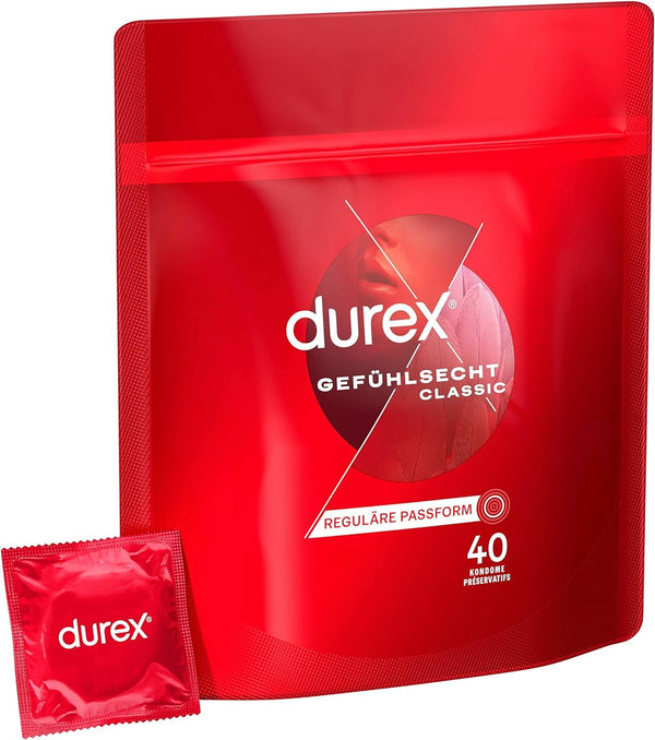 Durex Real Feel Classic prezervatīvi – plāni prezervatīvi ar anatomisku, viegli uzvelkamu formu, lubrikēti ar silikona gēlu – 40 gabalu iepakojums (1 x 40 gabali)