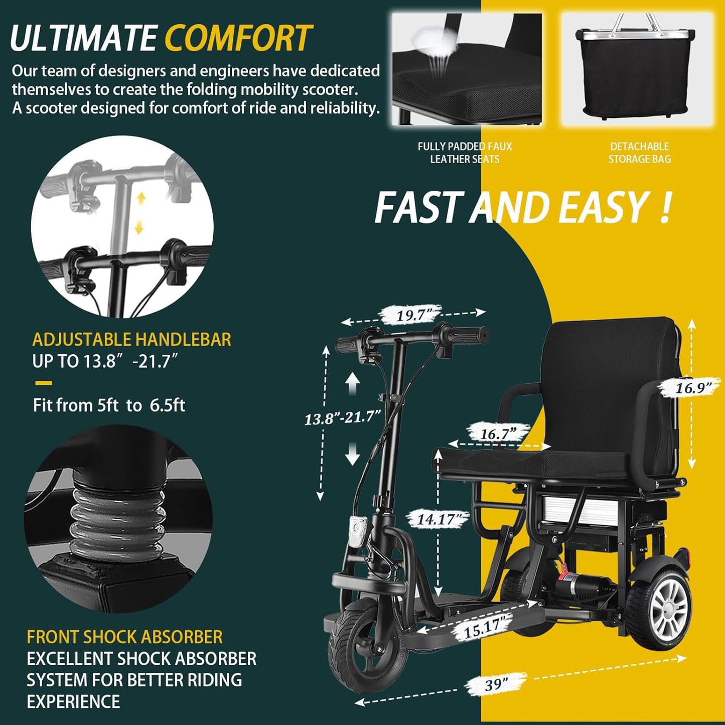 25 KM Reichweite Mobilitätsroller Faltbar für Senioren, Standfest und Sturzsicher Tragkraft 130KG Gewicht 25KG, Elektromobil 3-Rad mit GroßEn RäDern Klappbar Faltbar