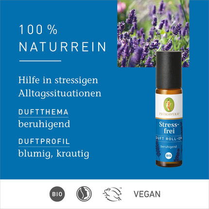 PRIMAVERA Stress Free Organic Fragrance Roll-On 10 ml - Lavanda - Aromātiskā eļļa, Smaržvielu eļļa, Aromterapija lietošanai ceļā - Nomierinošs - Vegāns