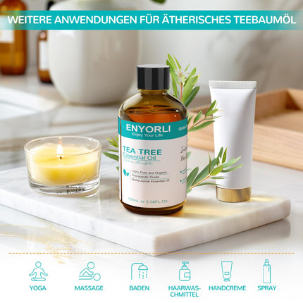 ENYORLI tējas koka eļļa 100 ml dabīga tējas koka eļļa 100% tīra un ēteriska aromterapijas eļļa vegāna tējas koka ēteriskā eļļa difuzoram, šampūnam, sejai, ādai, nagiem