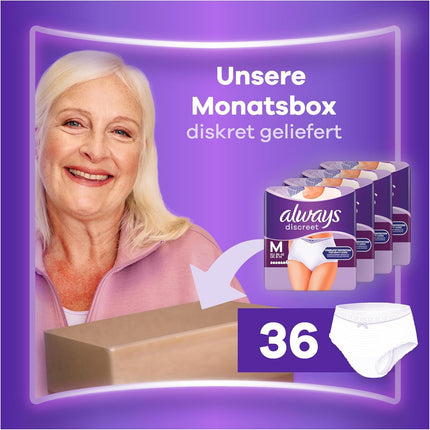 Always Discreet inkontinences biksītes sievietēm Plus M, 36 gabali, acumirklī aiztur smakas un šķidrumus