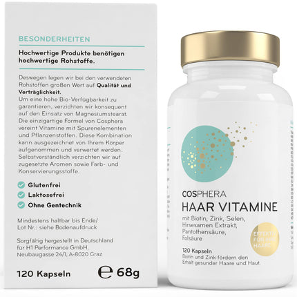 Cosphera matu vitamīni - lielas biotīna, selēna un cinka devas, kas veicina normālu matu veselību. Plus folskābe un prosas sēklu ekstrakts (bagāts ar silīciju) — 120 vegānas kapsulas 2 mēnešu daudzumā.