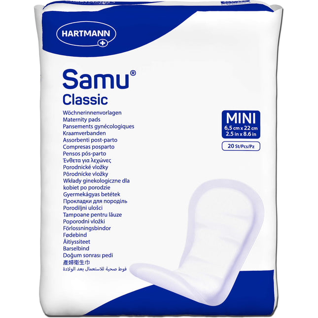 Samu Classic Mini – mīksti pēcdzemdību ieliktnīši uzticamai aizsardzībai pēc dzemdībām, ādai draudzīgi un ātri uzsūcas, bez plēves, 1x20 gabali