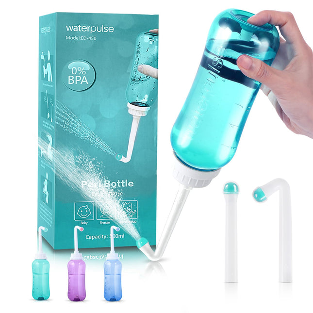 Duša dibenam 500 ml, duša ar pogu, duša dibenam ar dubultu uzgali, pārnēsājama bidē, intīma duša peri pudelē pēcdzemdību periodā, bidē tualete ūdensizturīga