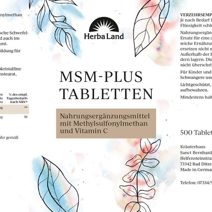 MSM Plus tabletes | Vegāns | 2000 mg MSM un 60 mg C vitamīna dienā | 500 tabletes 8 mēnešiem | Metilsulfonilmetāns | Neatkarīgi laboratorijā pārbaudīta kvalitāte | Ražots Vācijā