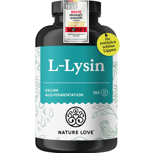 NATURE LOVE® L-lizīns - 365 vegānas kapsulas - 1000 mg L-lizīna HCl vienā dienas devā - Lizīns no augu fermentācijas - 6 mēnešu krājumi - Laboratorijā pārbaudīts, bez piedevām un ražots Vācijā