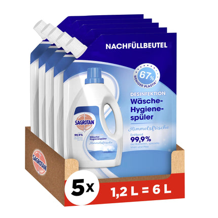Sagrotan veļas higiēnas skalošanas līdzekļa Heavenly Fresh uzpildes – dezinfekcijas skalošanas līdzeklis higiēniski tīrai un svaigai veļai – 5 x 1,2 l tīrīšanas līdzekļi praktiskā izdevīgā iepakojumā