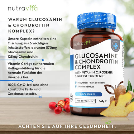Glikozamīna un hondroitīna augsta deva ar C vitamīnu un kurkumu – 2880 mg komplekss – 180 tabletes – veicina normālu imūnsistēmas darbību – Ražotājs Nutravita