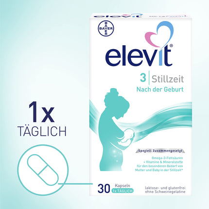 Elevit 3 - Uzturvielu nodrošinājums mātei un bērnam, sākot no barošanas ar krūti - Uztura bagātinātājs ar omega-3 taukskābēm, vitamīniem un minerālvielām - 1 x 30 kapsulas