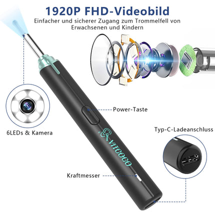 Ausu sēra noņēmēja otoskops, VITCOCO 1920P WiFi ausu tīrītājs, IP67 ūdensizturīgs otoskopa auss, 360° platleņķa otoskopa kamera ar 6 gaismas diodēm pieaugušajiem, bērniem un mājdzīvniekiem (melns)