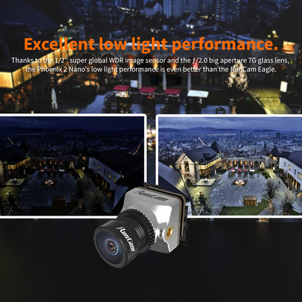 RunCam Phoenix2 Nano Freestyle FPV kamera 1000TVL 1/2" COMS sensors 2.1mm (M8) FOV 155° 4:3/16:9 PAL/NTSC pārslēdzams FPV droniem un kvadrokopteriem