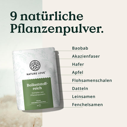 NATURE LOVE® pulveris ar augstu šķiedrvielu saturu - 450 grami - Šķiedrvielas: psilija sēnalas, akācijas šķiedra, inulīns, auzas un citas - ideāls uztura bagātinātājs zarnu attīrīšanai - vegāns un laboratorijā pārbaudīts