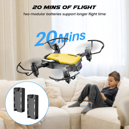 SIMREX X300C drons ar 720P HD kameru, RC kvadrokoptera salokāms drons, mini drons ar augstuma noturēšanu, 3D pagriezienu, bezgalvas režīmu, gravitācijas kontroli un 2 baterijām, dāvanas bērniem, pieaugušajiem, dzeltens