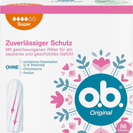 Oriģinālie Super tamponi intensīvas lietošanas dienām ar StayDry tehnoloģiju un izliektām rievām, kas nodrošina uzticamu aizsardzību un tīrības sajūtu (1 x 56 gab.)
