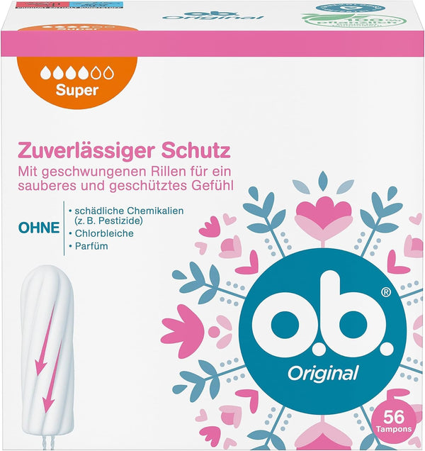 Oriģinālie Super tamponi intensīvas lietošanas dienām ar StayDry tehnoloģiju un izliektām rievām, kas nodrošina uzticamu aizsardzību un tīrības sajūtu (1 x 56 gab.)