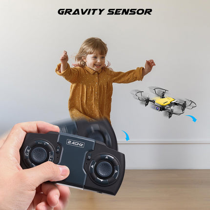 SIMREX X300C drons ar 720P HD kameru, RC kvadrokoptera salokāms drons, mini drons ar augstuma noturēšanu, 3D pagriezienu, bezgalvas režīmu, gravitācijas kontroli un 2 baterijām, dāvanas bērniem, pieaugušajiem, dzeltens