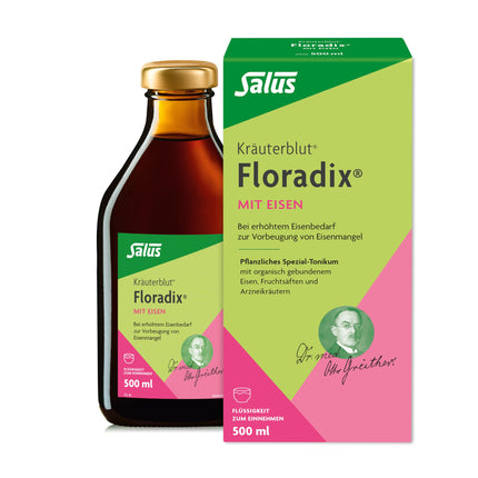 Salus Herbal Blood Floradix ar dzelzi - 1 x 500 ml - Īpašs augu izcelsmes toniks ar organiski saistītu dzelzi, augļu sulām un ārstniecības augiem - Pilnām dzelzs rezervēm dzelzs deficīta vietā