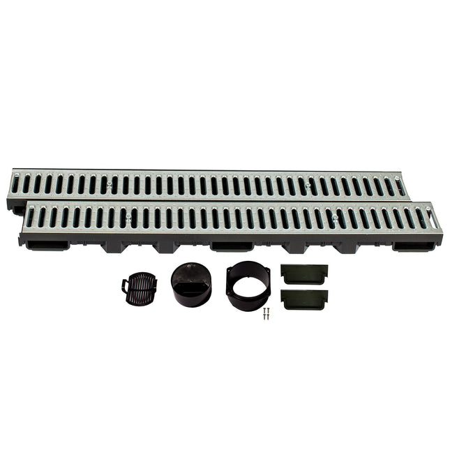 ScarMaxx - A15 drenāžas kanāla komplekts - grīdas kanāls - lietus ūdens noteka - noteka ar režģi - drenāžas kanāls - plakans - plastmasas - augstums 60 mm - ar cinkota tērauda režģi - 2 m