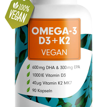 Omega-3 vegāns + D3 un K2 (90x), 1100 mg aļģu eļļas ar 600 mg DHA un 300 mg EPA + 1000 SV D3 vitamīna + 40 µg K2 vitamīna - O3 D3 K2 vegāns Essentials - Omega-3 kapsulas, augstas devas, bioloģiski pieejamas un laboratorijā pārbaudītas