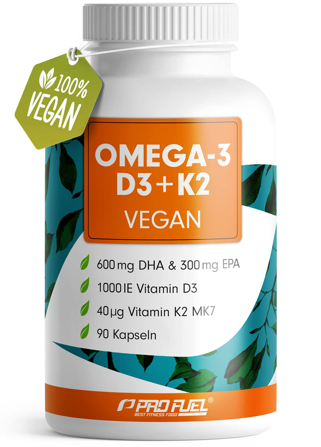 Omega-3 vegāns + D3 un K2 (90x), 1100 mg aļģu eļļas ar 600 mg DHA un 300 mg EPA + 1000 SV D3 vitamīna + 40 µg K2 vitamīna - O3 D3 K2 vegāns Essentials - Omega-3 kapsulas, augstas devas, bioloģiski pieejamas un laboratorijā pārbaudītas
