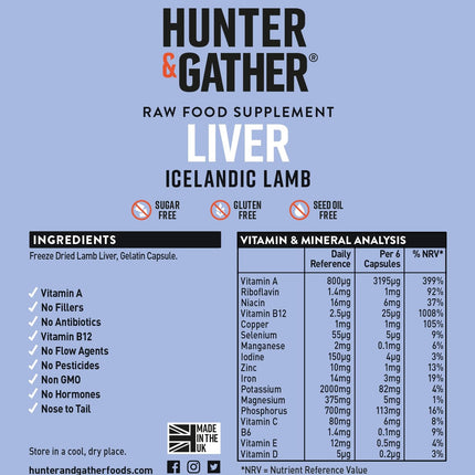 Hunter &amp; Gather jēra aknas 90 kapsulas | Uztura bagātinātājs, kas ražots no brīvās turēšanas, ar zāli barotas Islandes jēra gaļas | 100% neapstrādātas, liofilizētas jēra aknas | Bez GMV barošanas, antibiotikām vai hormoniem