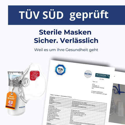 Easy Breath® Pro – TÜV pārbaudītas sterilas maskas. Profesionāls, ļoti kluss inhalators bērniem un pieaugušajiem, pārnēsājams, uzlādējams, ar Smart Fill® baloniņu – optimālai ārstēšanai