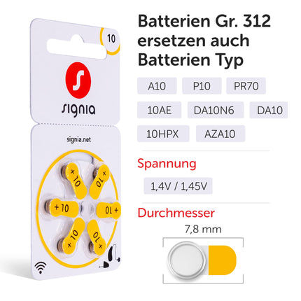 Siemens-Signia dzirdes aparātu baterijas, 10. tips, dzeltenas, baterijas dzirdes aparātiem, 60 gab. iepakojumā, ražotas Vācijā, komplektā BEZMAKSAS tīrīšanas drāna, bezvadu savienojumam apstiprinātas, bez dzīvsudraba