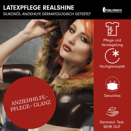Optimal Products lateksa kopšanas līdzeklis REALSHINE silikona eļļa 1 litrs | dermatoloģiski pārbaudīta eļļa lateksam | profesionāla gumijas kopšana un ekonomisks uzvilkšanas palīglīdzeklis | bez smaržas lateksa kopšana augsta spīduma apdarei