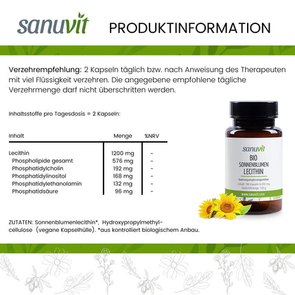Sanuvit® - BIOLOĢISKAS saulespuķu lecitīna kapsulas | 1200 mg dienā | Augsta deva | Augsta biopieejamība un panesamība | Vegāns | Ražots Austrijā | 180 kapsulas