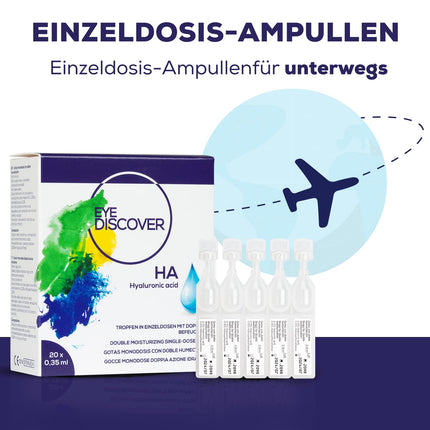 EYE DISCOVER, acu pilieni ar hialuronskābi un hidroksietilcelulozi, acu pilieni sausām acīm, mitrinoši pilieni (20 x 0,35 ml)
