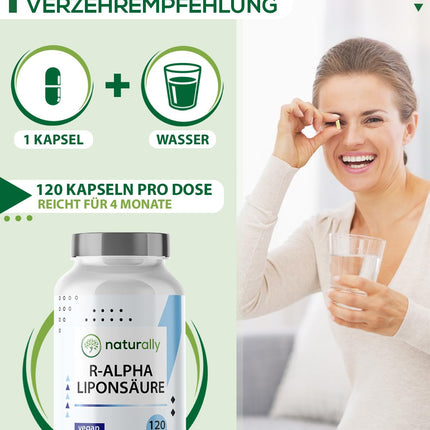 dabīgas R alfa lipoīnskābes kapsulas [120 kapsulas] – 300 mg augsta deva, vegāns, ražots Vācijā