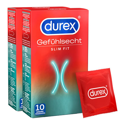 Durex Real Feel Slim prezervatīvi – plāni prezervatīvi ar šauru piegriezumu un lubrikēti ar silikona gēlu – 2 iepakojumā (20 gabali)