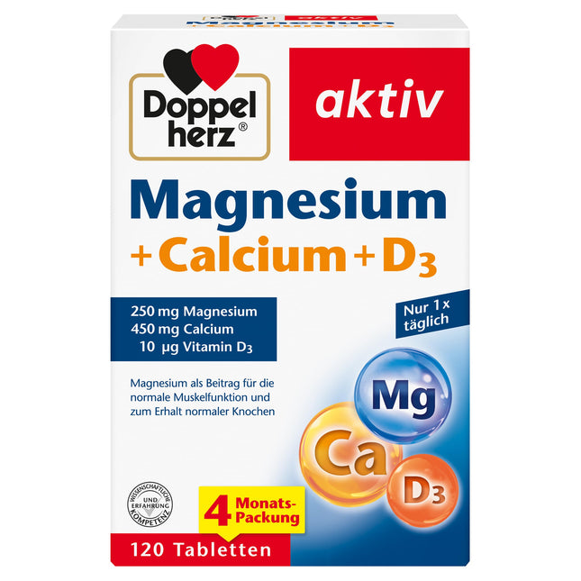 Doppelherz Magnijs + Kalcijs + D3 - Magnijs veicina muskuļu darbību un normālu kaulu veselības uzturēšanu - 120 tabletes