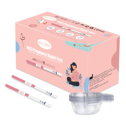 Grūtniecības testa strēmeles, hCG grūtniecības tests lietošanai mājās agrīnai noteikšanai, precīzs vairāk nekā 99%, 20 gabali atsevišķi iesaiņoti ar urīna pārbaudes krūzītēm, grūtniecības testi 5 mm plati, 10 mSV/ml